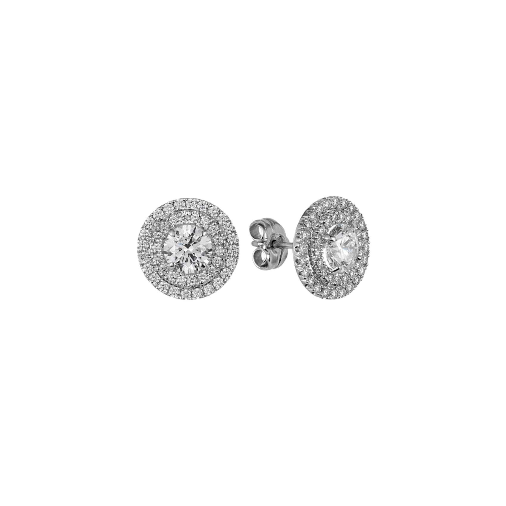 Vertical 18K White Gold Round Diamond Halo Stud Earrings