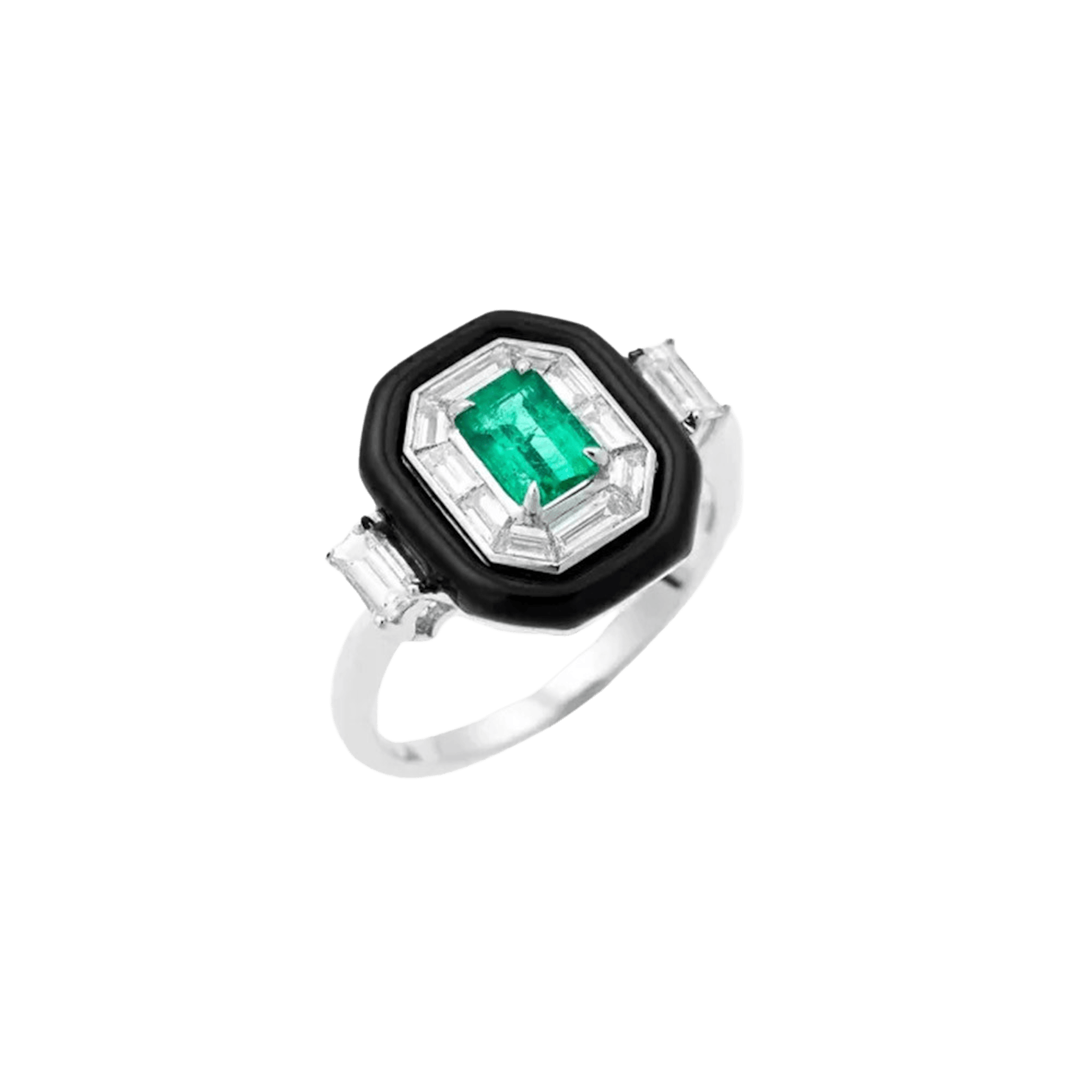 Vertical 18K White Gold Oui Diamond And Emerald Ring