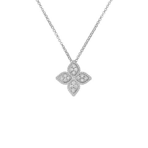 Vertical 18K White Gold Princess Flower Diamond Medium Necklace