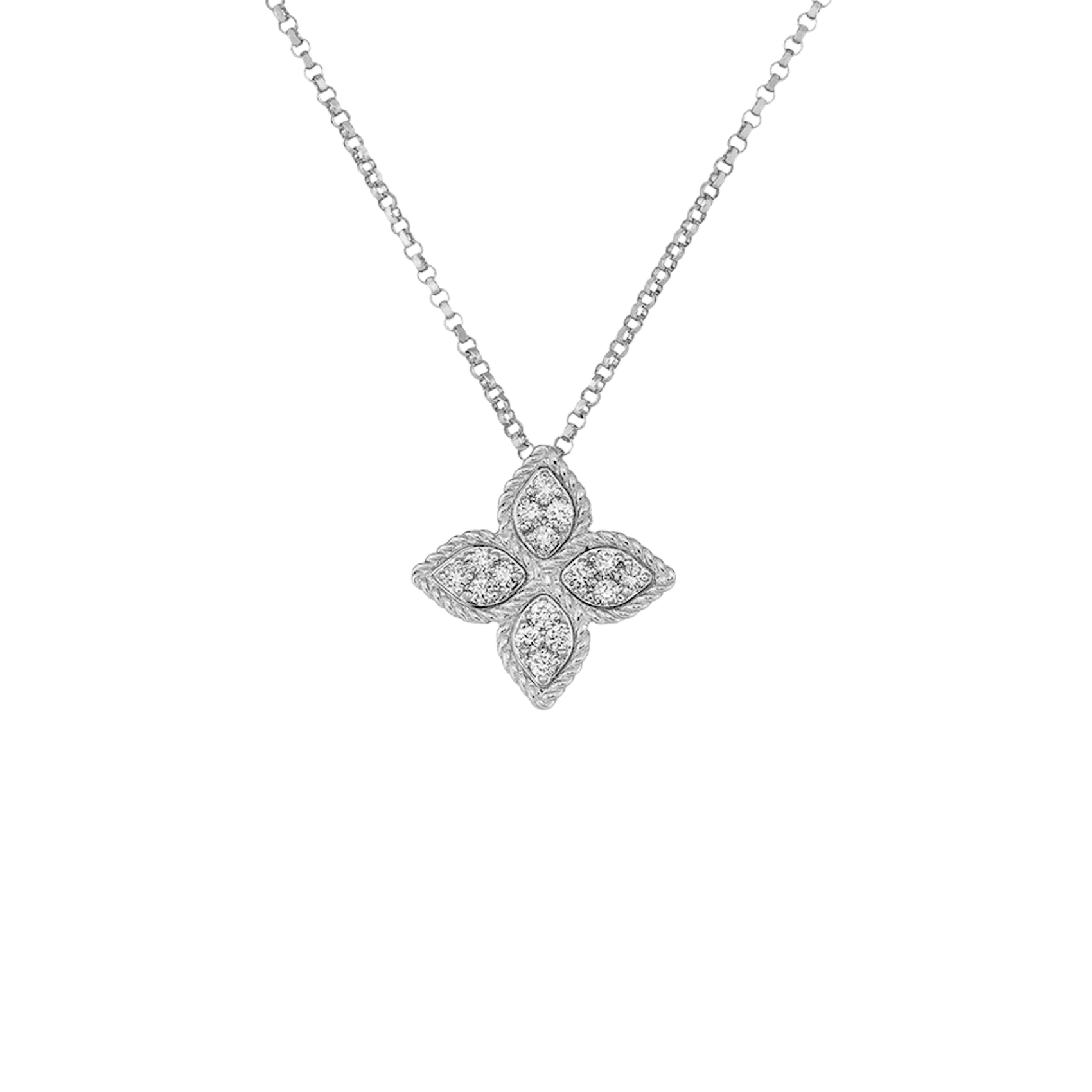 Vertical 18K White Gold Princess Flower Diamond Medium Necklace