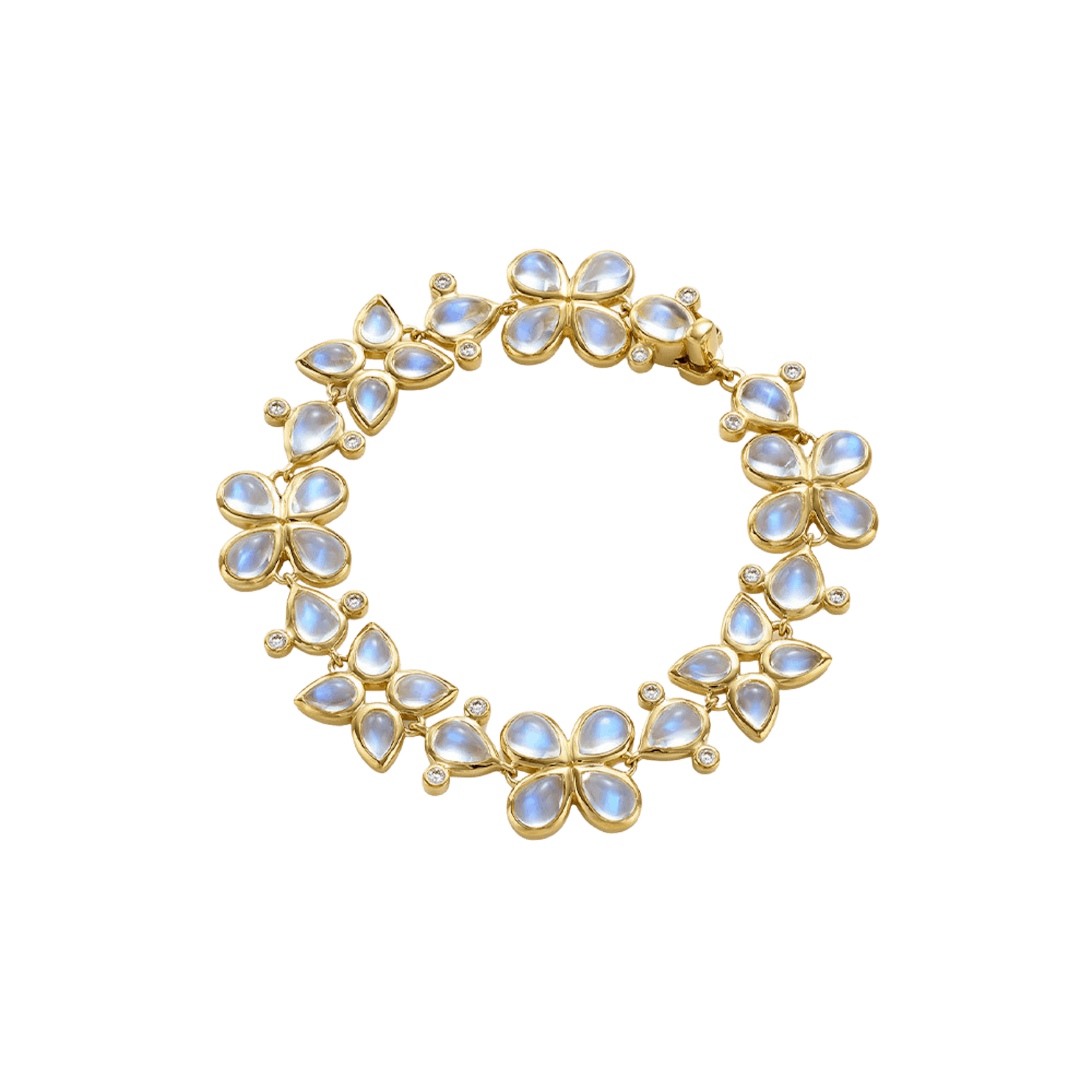 Vertical 18K Yellow Gold Blue Moonstone and Diamond Flower Cluster Bracelet
