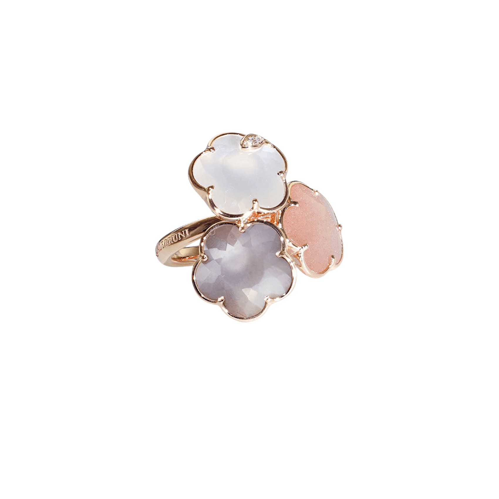 Vertical 18K Rose Gold Fiore Ton Joli White, Grey, and Pink Moonstone and Diamond Ring