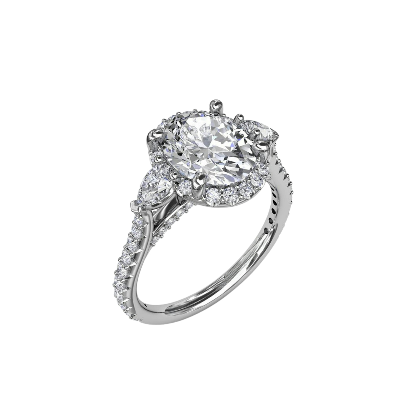Vertical The 1916 Company Collection Oval Diamond Halo Engagement Ring With Pear-Shape Diamond Side Stones S3280