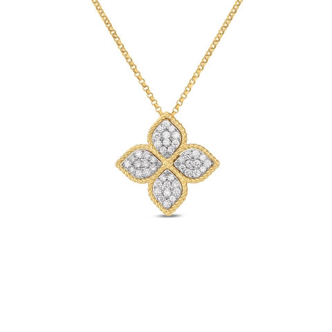 Vertical 18K Yellow Gold Princess Flower Diamond Small Flower Necklace