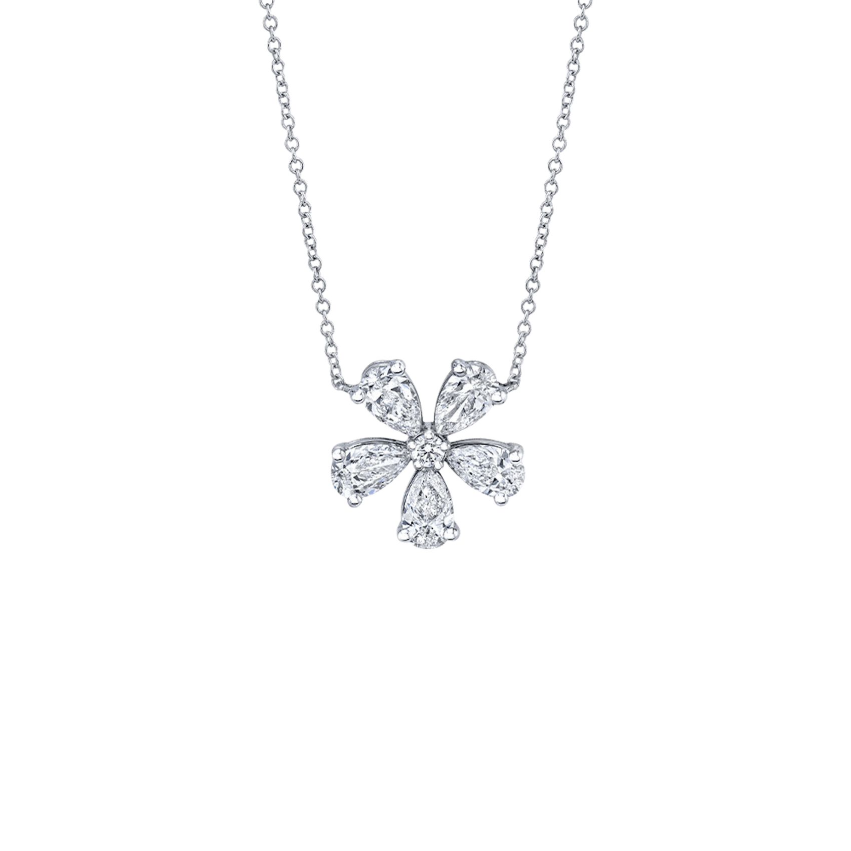 Vertical 18K White Gold Diamond Flower Pendant with Chain