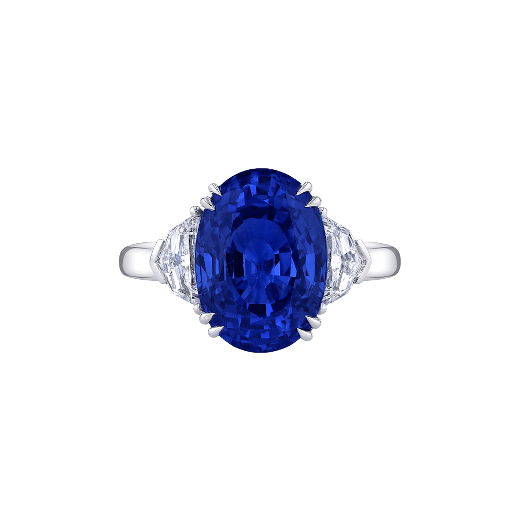 Vertical Platinum 8.18CT Sri Lankan Oval Blue Sapphire and Diamond Three-Stone Ring