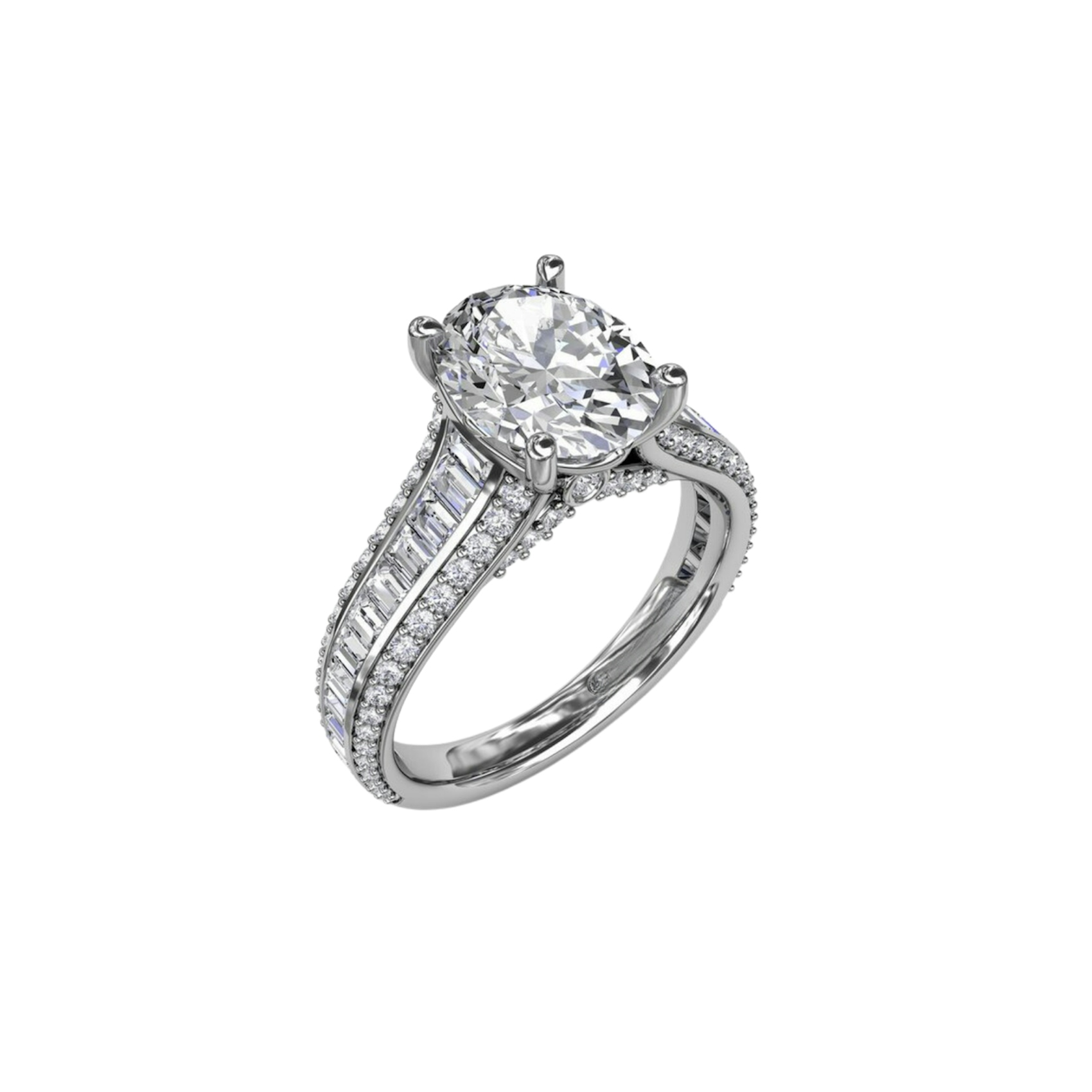 Vertical Oval Diamond Engagement Ring With Baguettes and Pavé Diamonds S3310