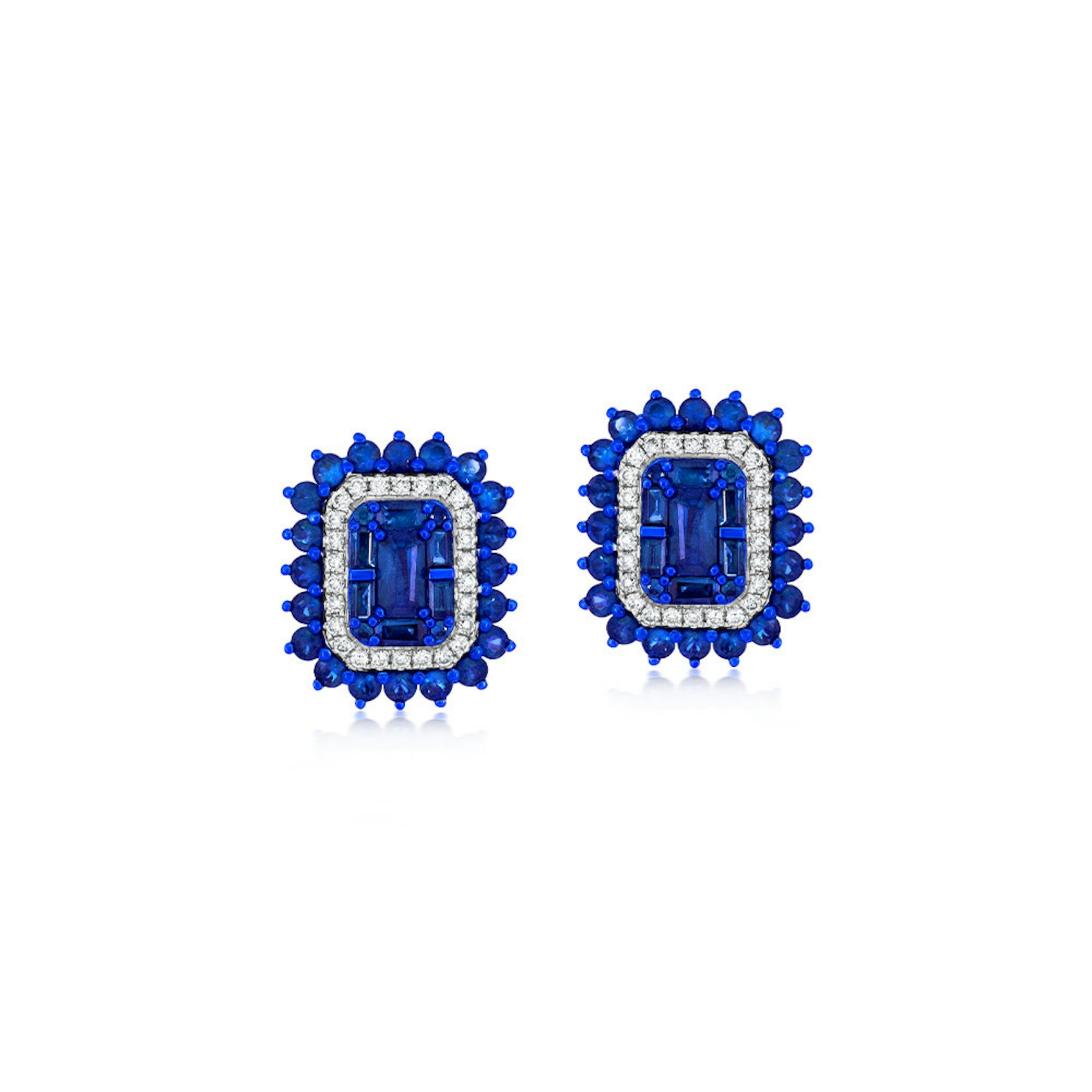 Vertical 18K White Gold/Blue Rhodium Blue Sapphire and Diamond Mosaic Emerald Look Earrings
