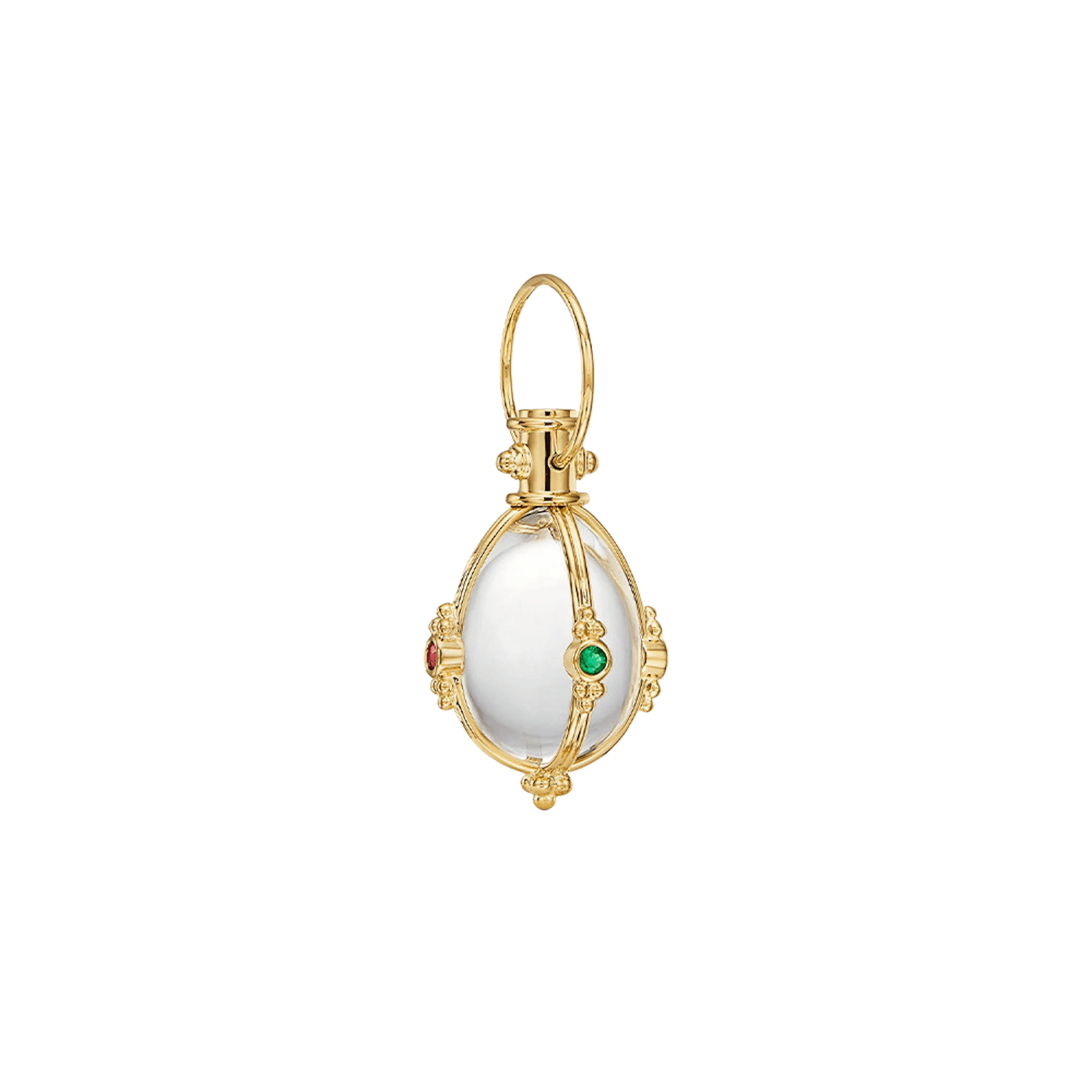 Vertical 18K Yellow Gold Rock Crystal, Ruby, Emerald and Blue Sapphire Amulet