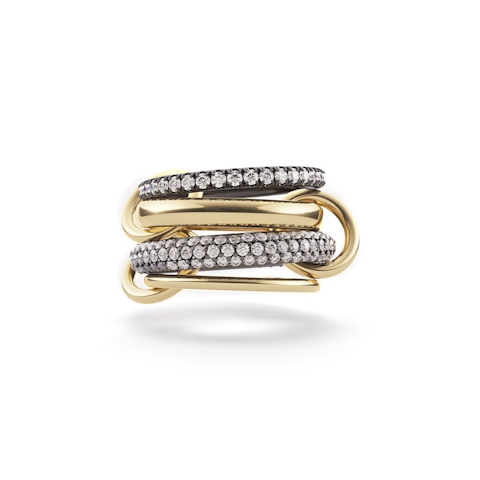 Vertical 18K Yellow Gold/Sterling Silver/Black Rhodium Vega White and Grey Diamond 4-Band Ring