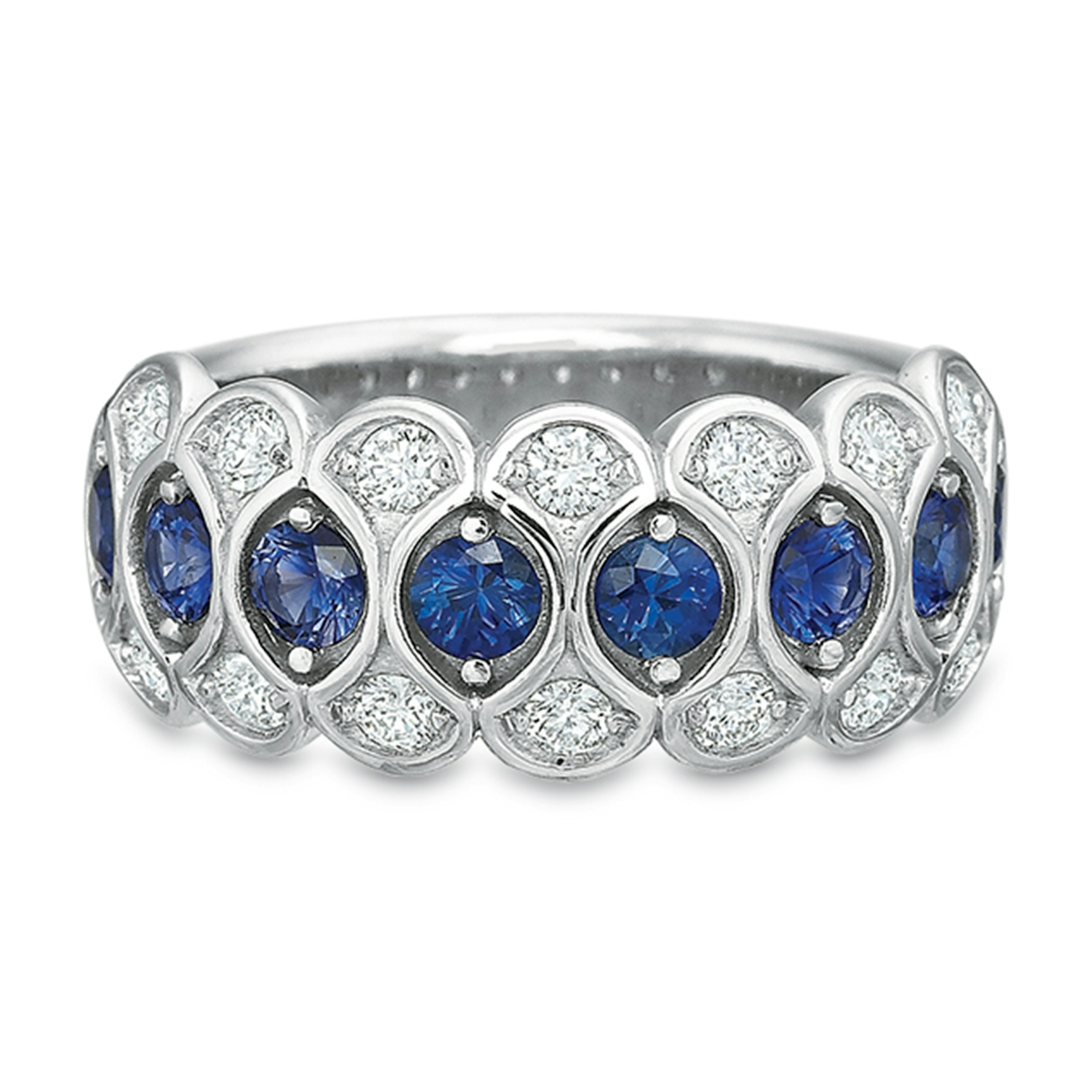 Vertical White Gold 3- Row Diamond And Sapphire Band