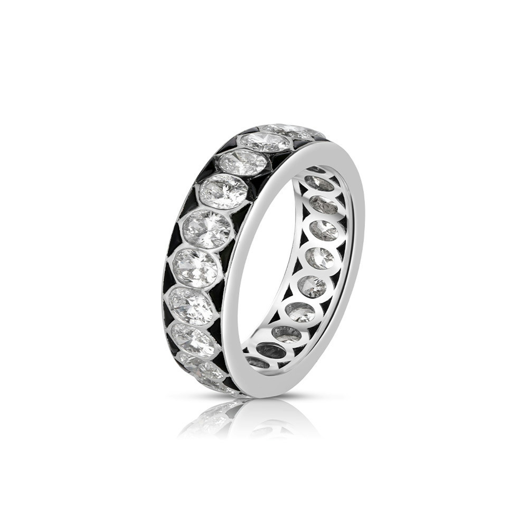 Vertical Platinum Oval Diamond and Black Enamel Eternity Band