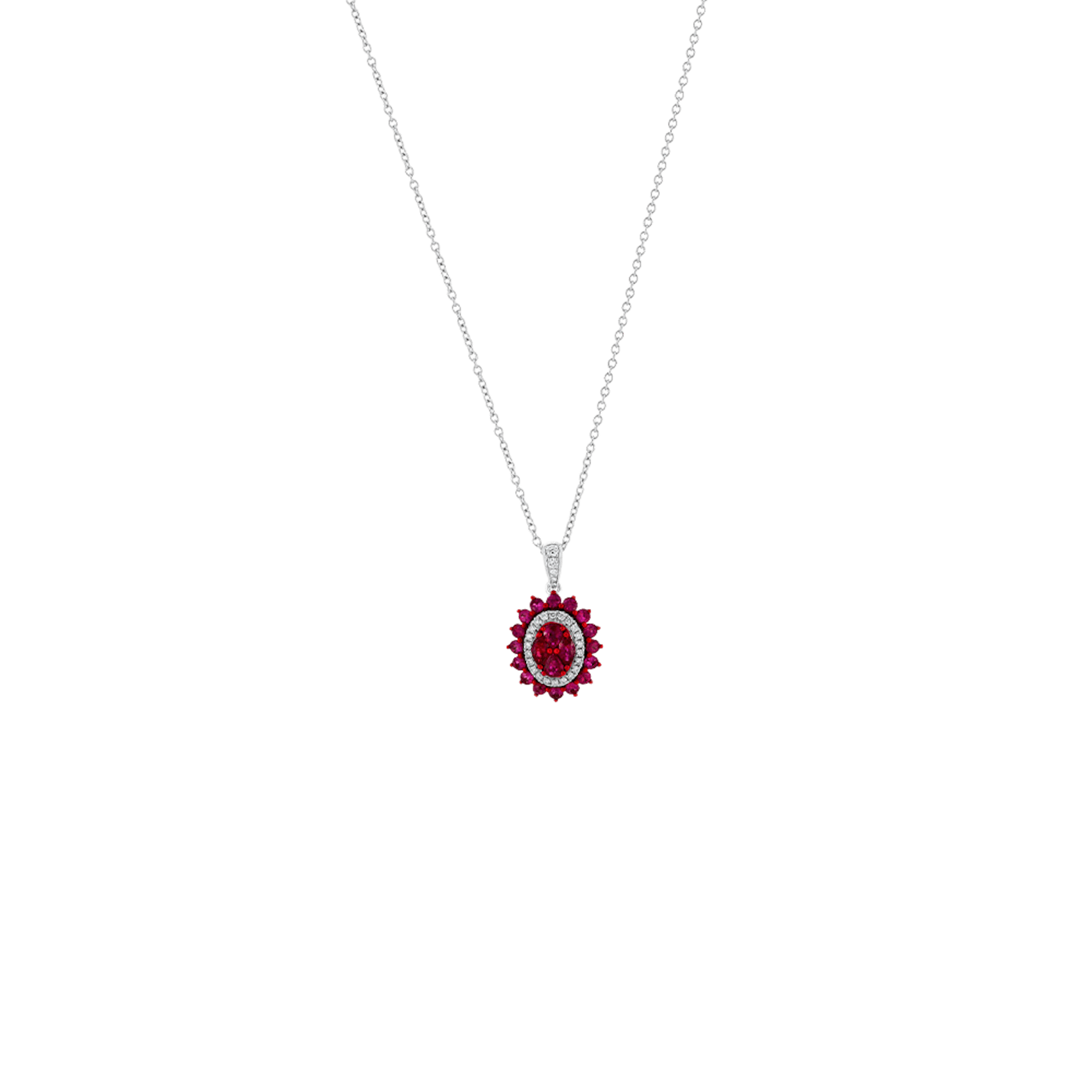 Vertical 18K White Gold/Red Rhodium Ruby and Diamond Mosaic Oval Look Pendant Necklace