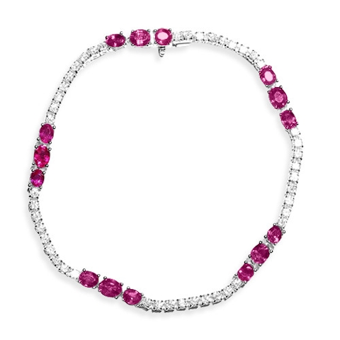 Vertical 18K White Gold Oval Diamond And Ruby Bracelet