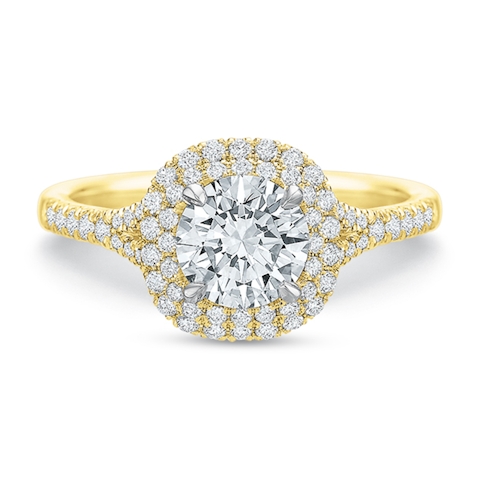 Vertical Yellow Gold Double Halo Semi-Mount Engagement Ring