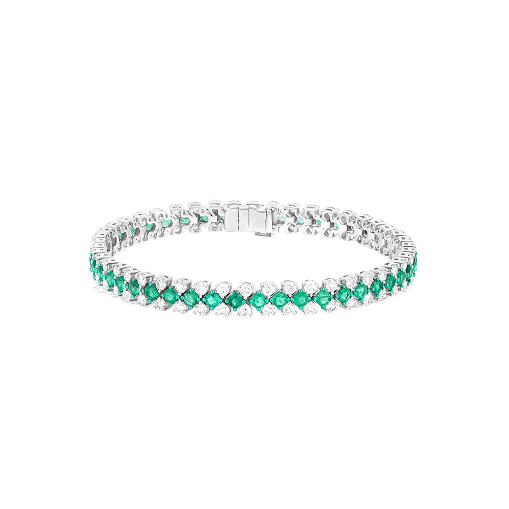Vertical 18K White Gold/Green Rhodium Emerald and Diamond 3-Row Bracelet