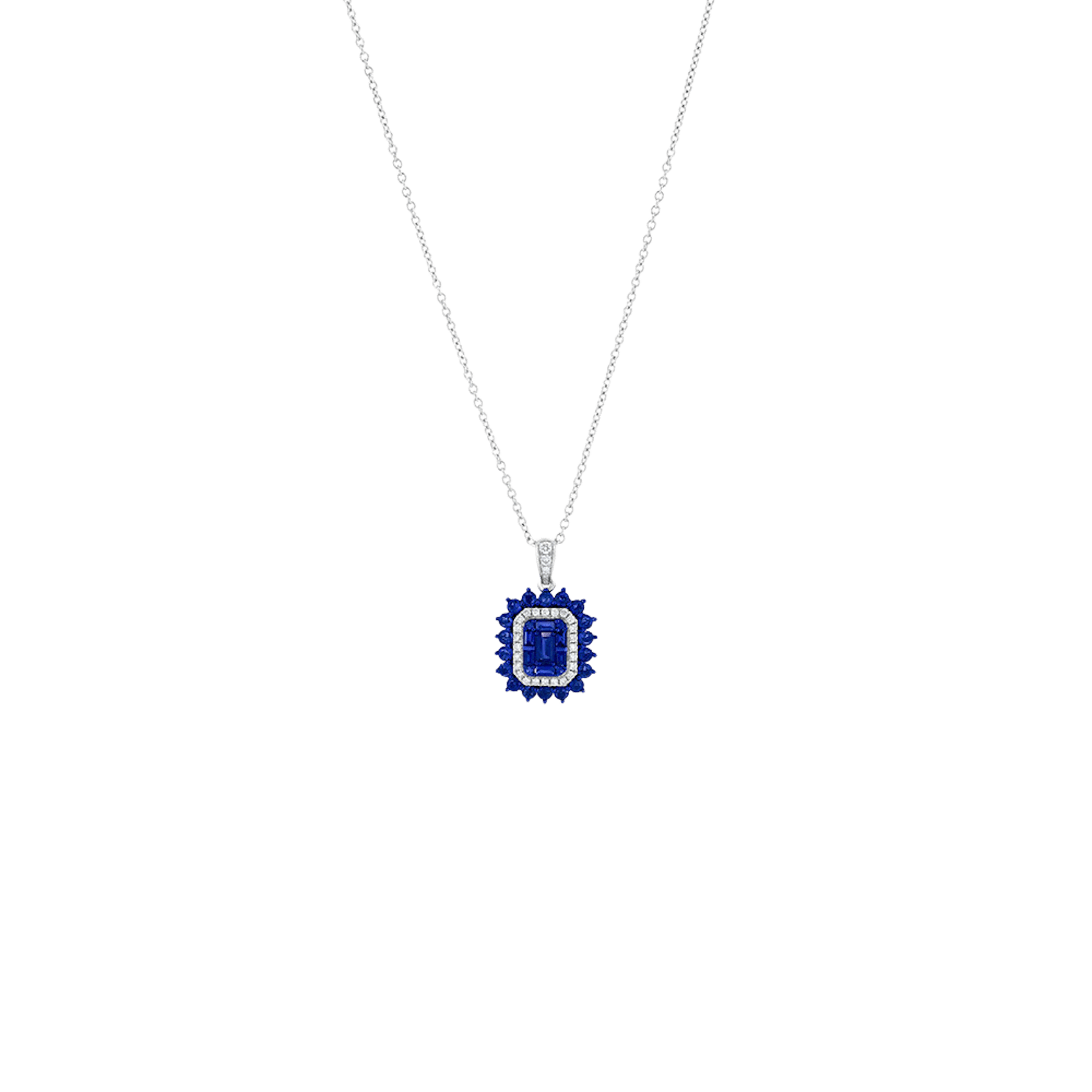 Vertical 18K White Gold/Blue Rhodium Blue Sapphire and Diamond Mosaic Oval Look Pendant Necklace