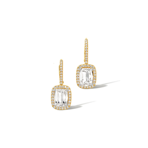 Vertical 18K Yellow and White Gold Cushion Diamond Halo Earrings