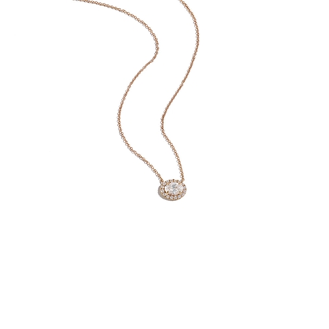 Vertical 18K Rose Gold Oval Diamond Halo Pendant with Chain