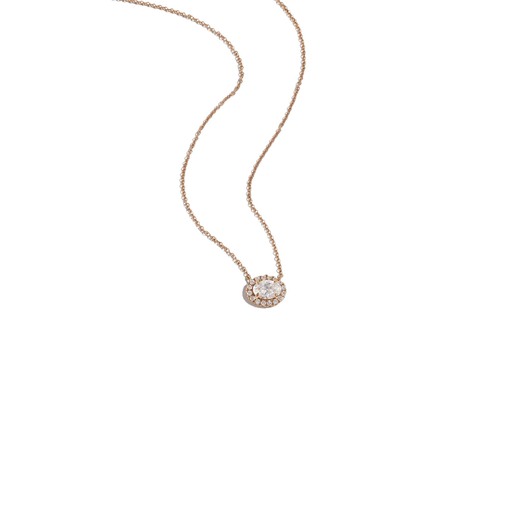 Vertical 18K Rose Gold Oval Diamond Halo Pendant with Chain