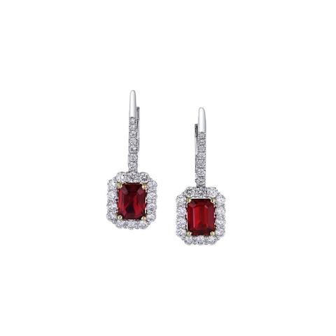 Vertical Platinum and 18K Yellow Gold Emerald Ruby and Diamond Earrings