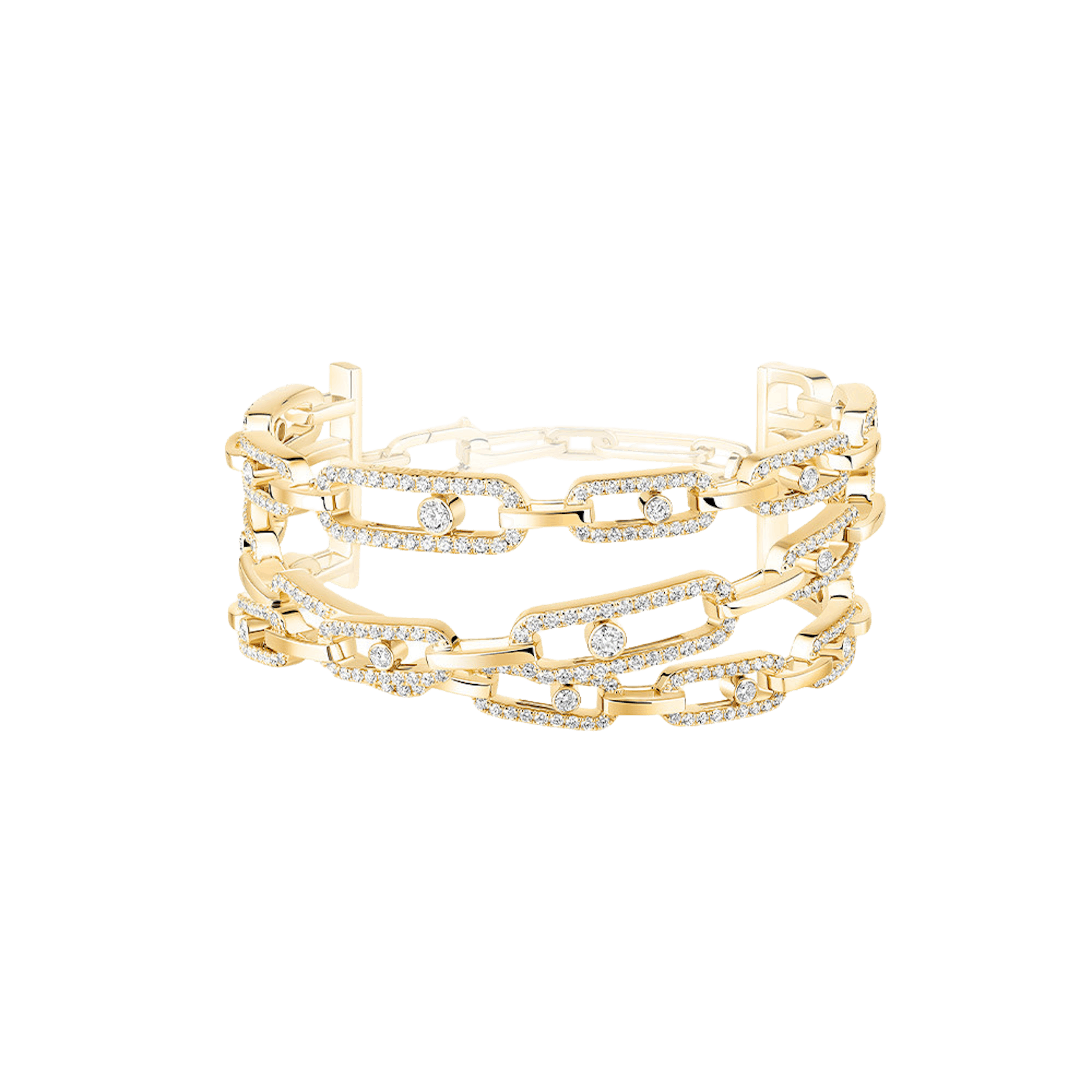 Vertical 18K Yellow Gold Move Link Diamond 3-Row Cuff