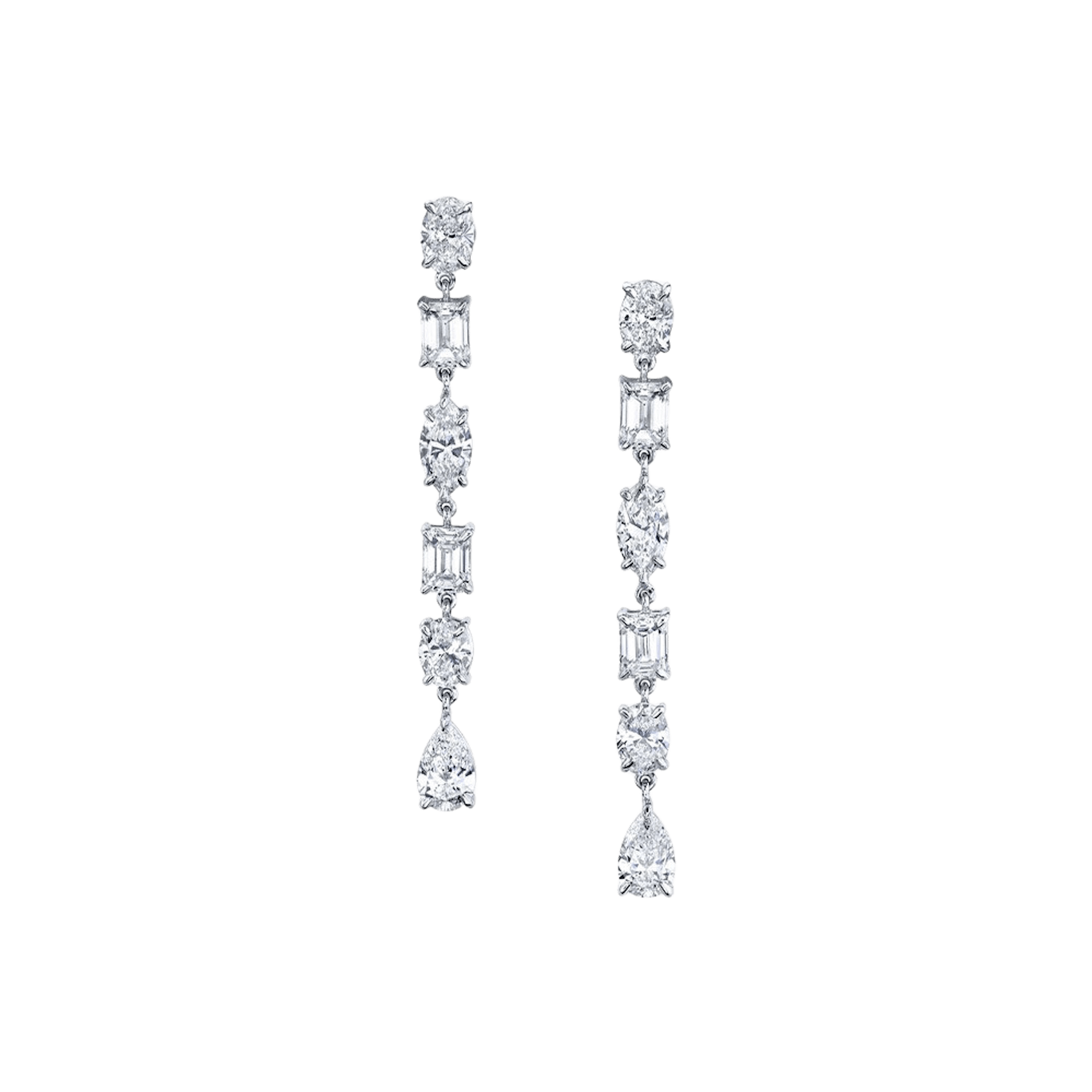 Vertical 18K White Gold Multi-Shape Diamond Drop Earrings