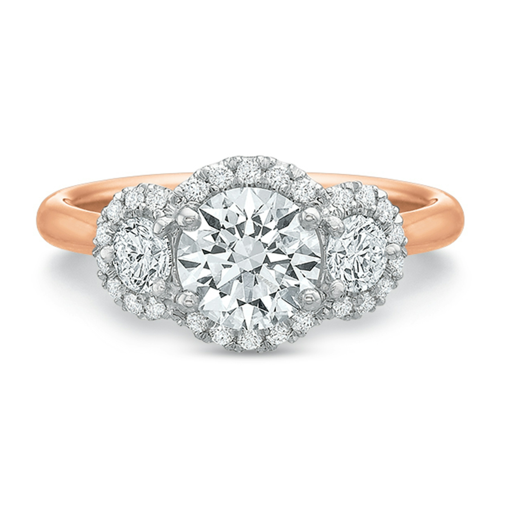 Vertical Rose Gold Three Stone Halo Semi-Mount Engagement Ring