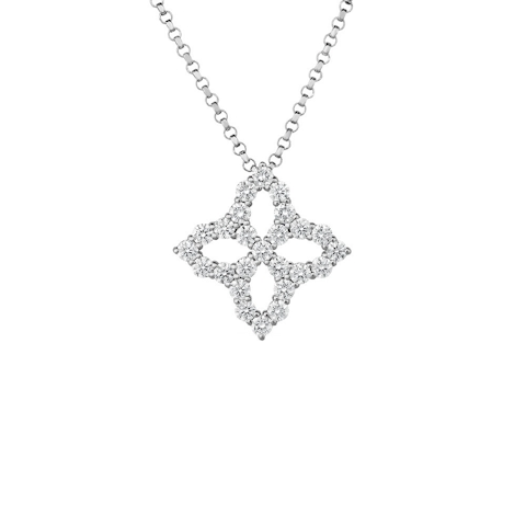 Vertical 18K White Gold Princess Flower Diamond Outline Medium Pendant