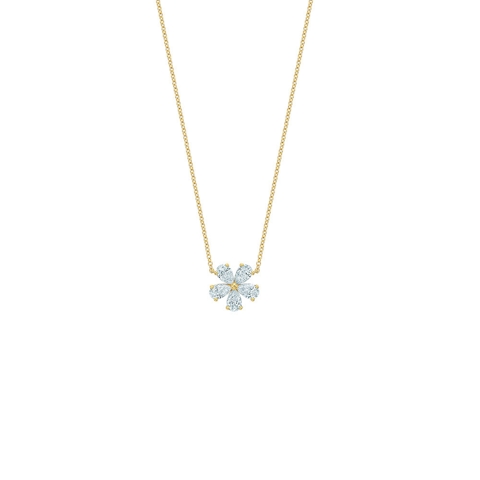 Vertical 18K Yellow Gold Pear Diamond Flower Pendant with Chain