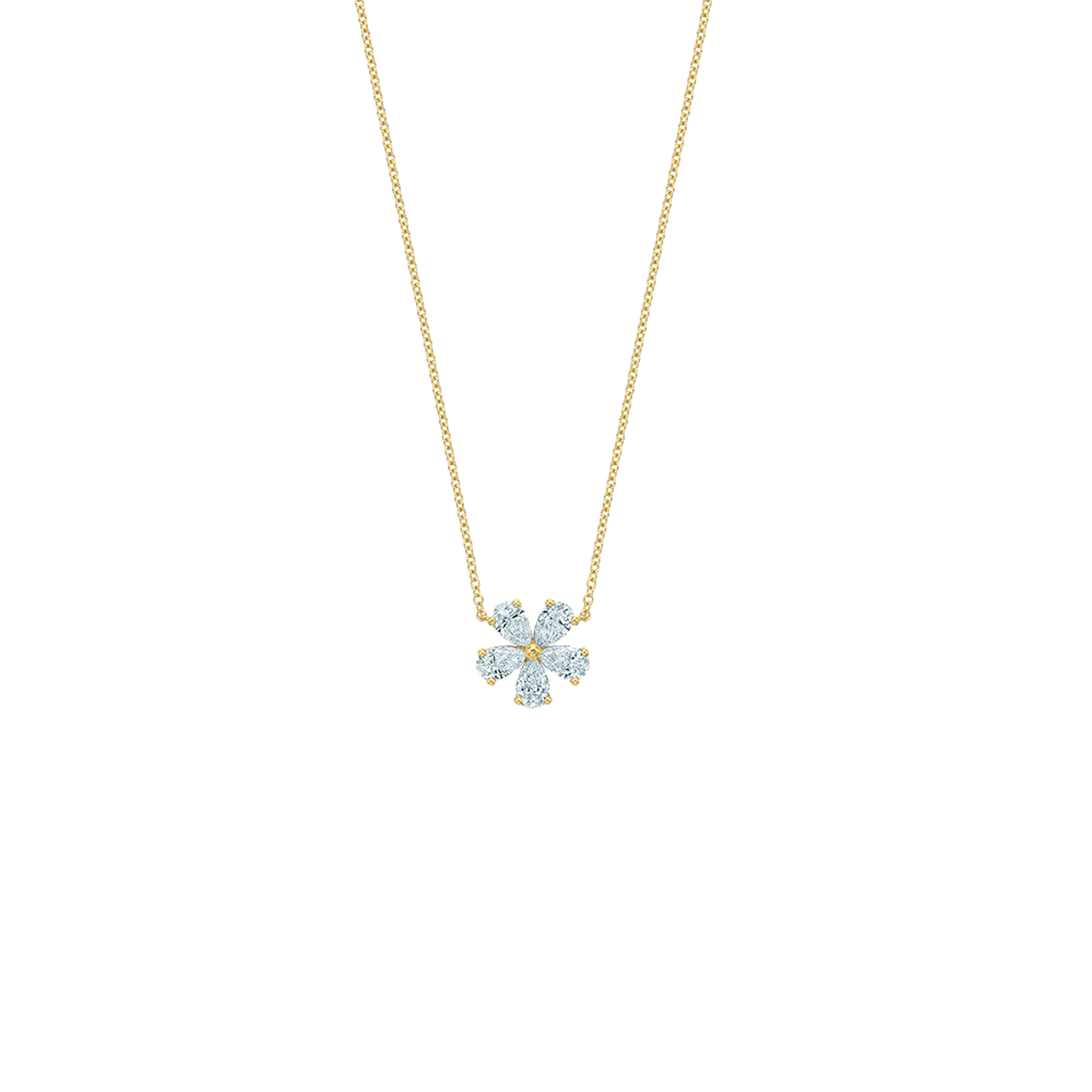 Vertical 18K Yellow Gold Pear Diamond Flower Pendant with Chain