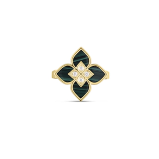 Vertical 18K Yellow Gold Venetian Princess Diamond and Malachite Flower Ring