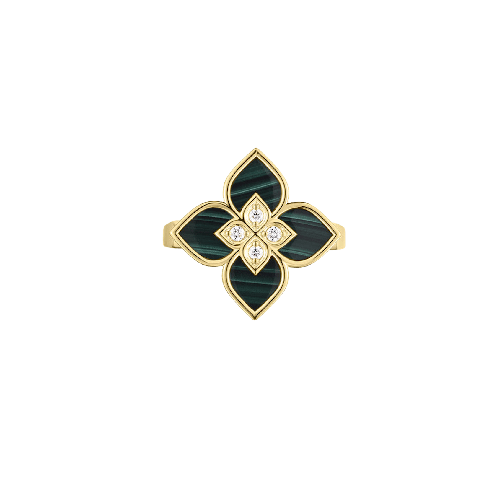 Vertical 18K Yellow Gold Venetian Princess Diamond and Malachite Flower Ring