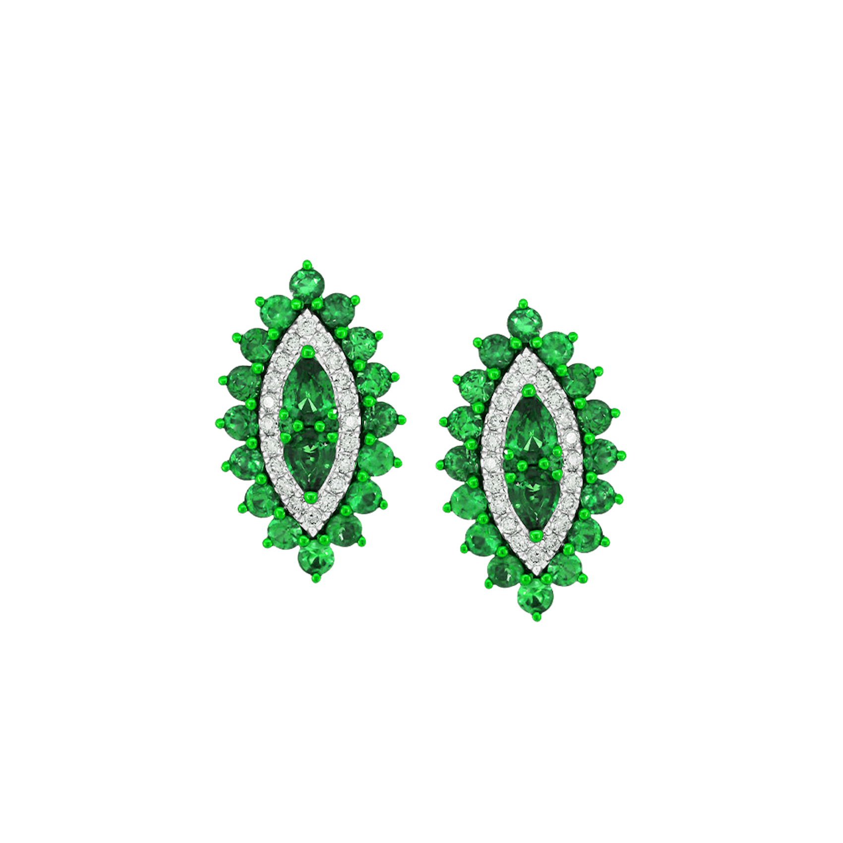 Vertical 18K White Gold/Green Rhodium Emerald and Diamond Mosaic Marquise Look Earrings