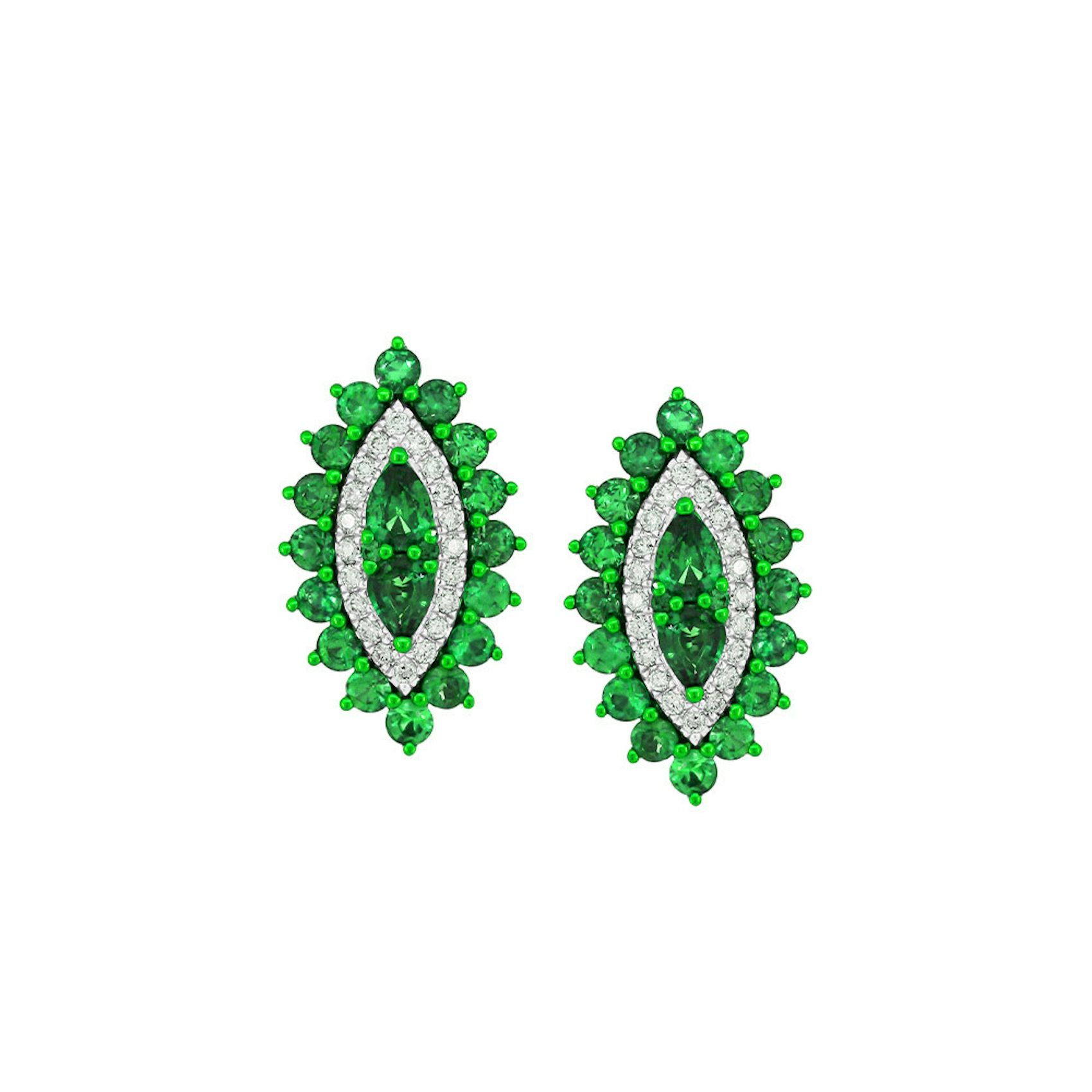 Vertical 18K White Gold/Green Rhodium Emerald and Diamond Mosaic Marquise Look Earrings