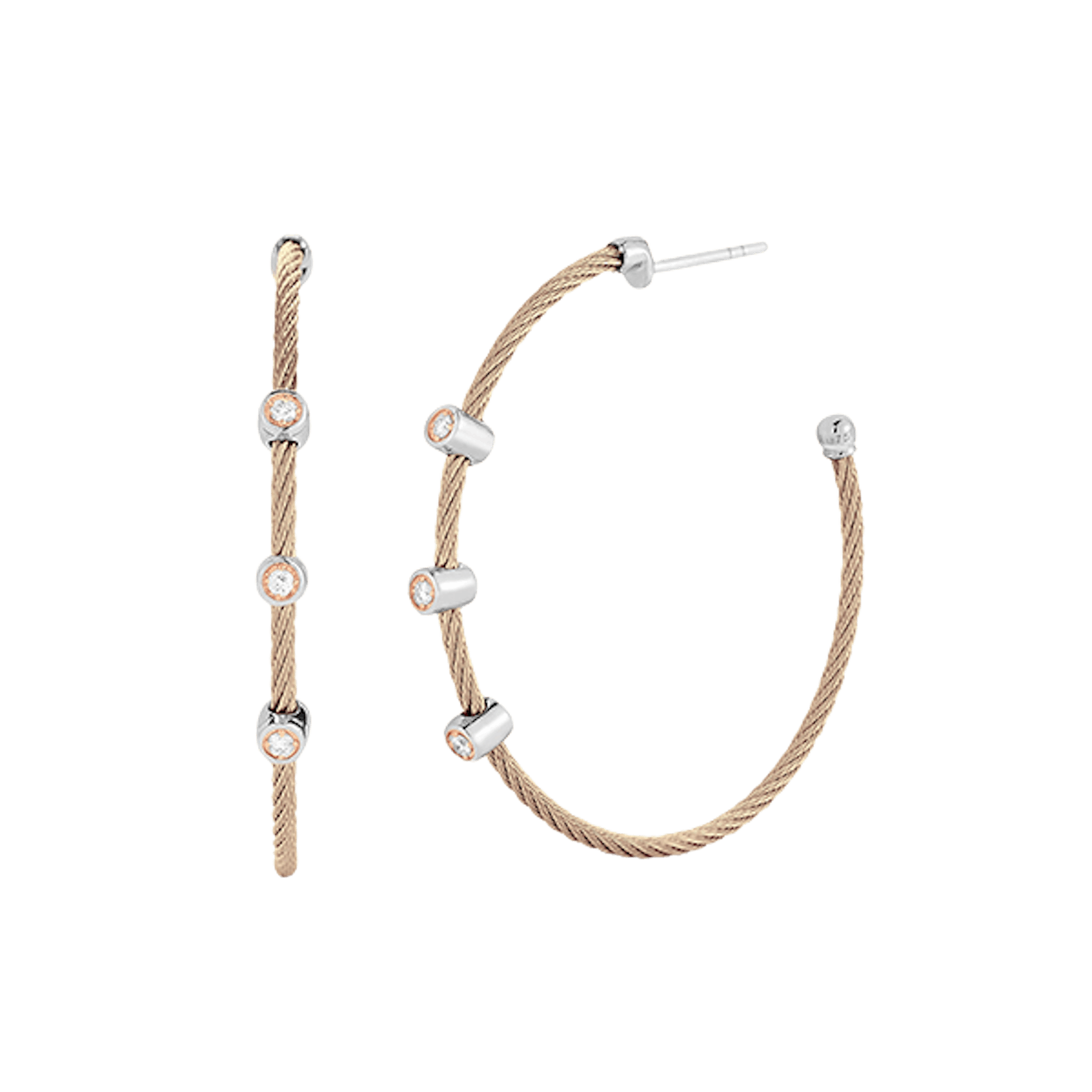 Vertical Cable Hoop Earrings With Triple Diamond Station