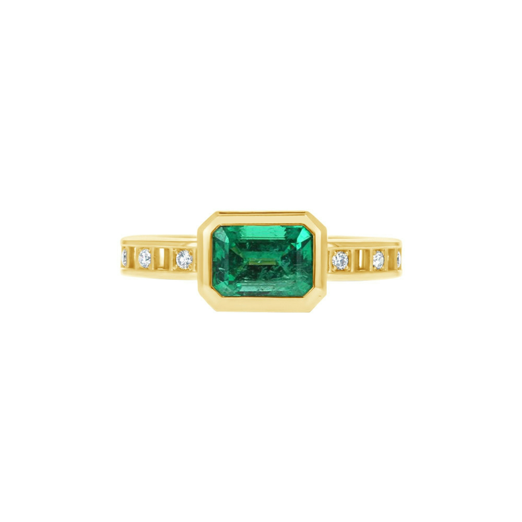 Vertical Roule & Co 18K Yellow Gold Diamond & Emerald Center Ring