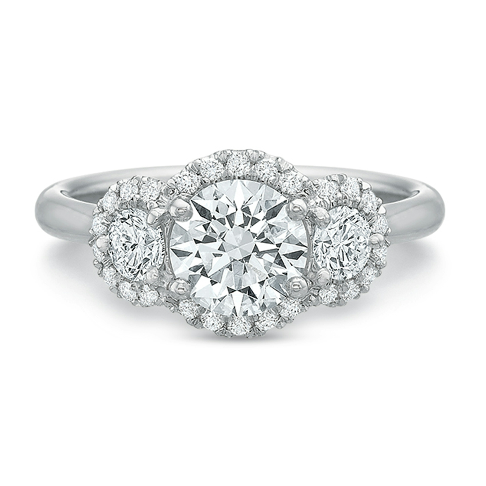 Vertical White Gold Three Stone Halo Semi-Mount Engagement Ring