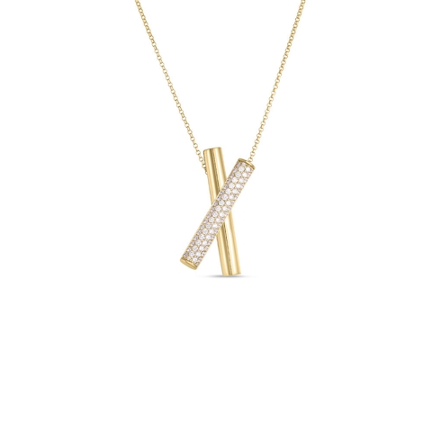 Vertical 18K Yellow Gold Domino Diamond Crossover Necklace