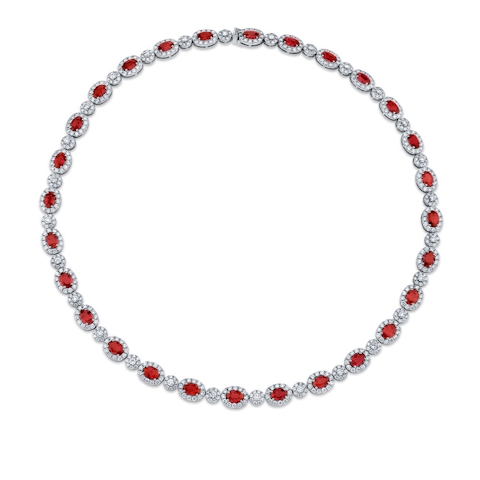 Vertical 18K White Gold Oval Ruby and Diamond Necklace