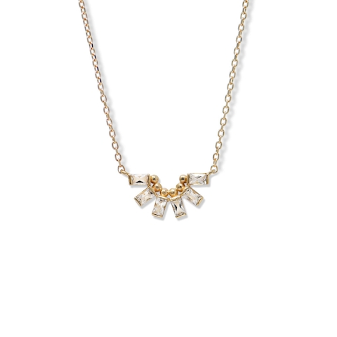 Vertical 14K Yellow Gold Deco Fan White Topaz Necklace