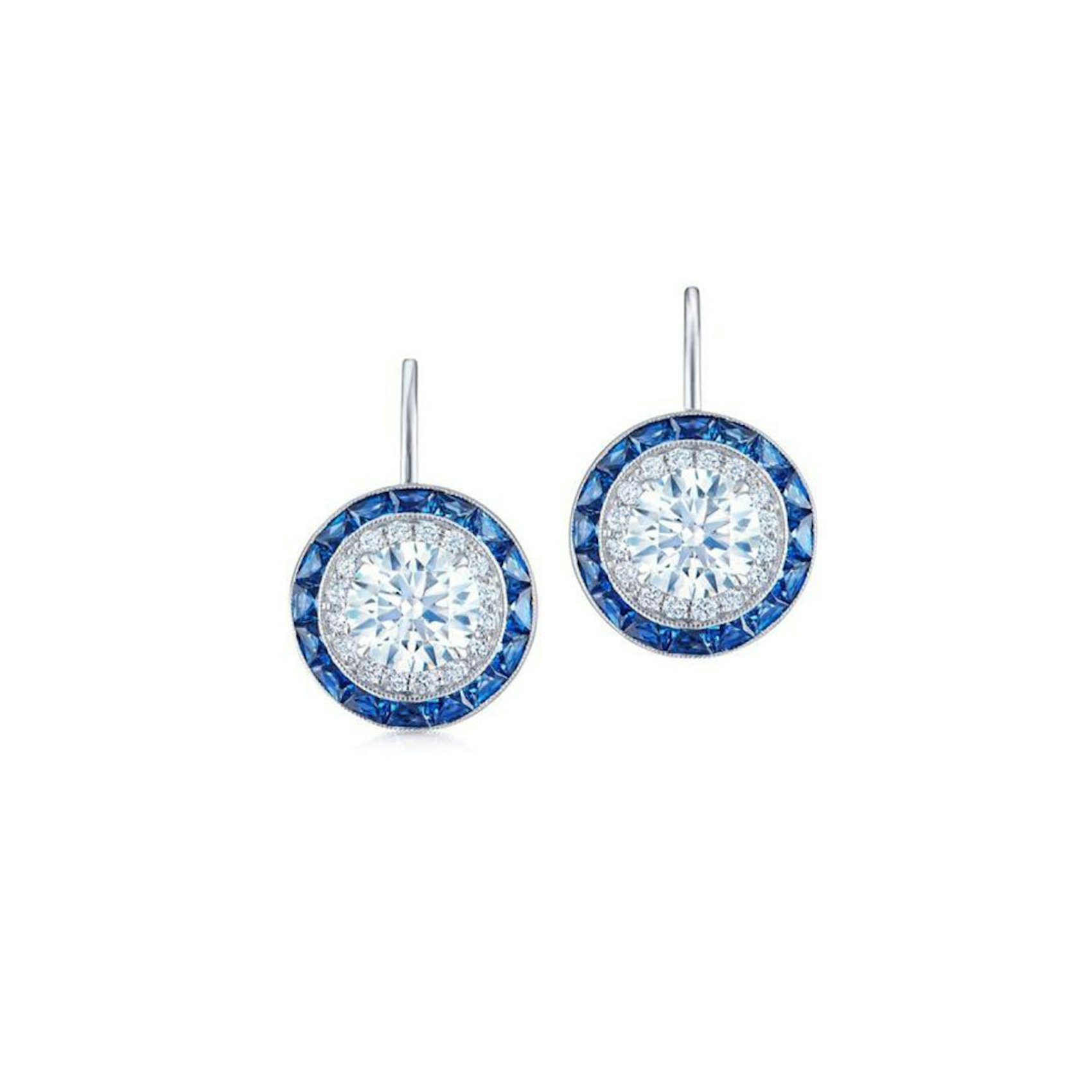 Vertical 18K White Gold Silhouette Diamond and Sapphire Halo Earrings