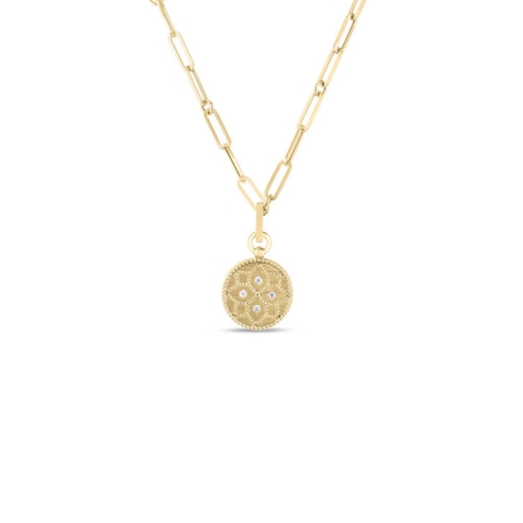Vertical 18K Yellow Gold Venetian Princess Diamond Satin Medallion Necklace