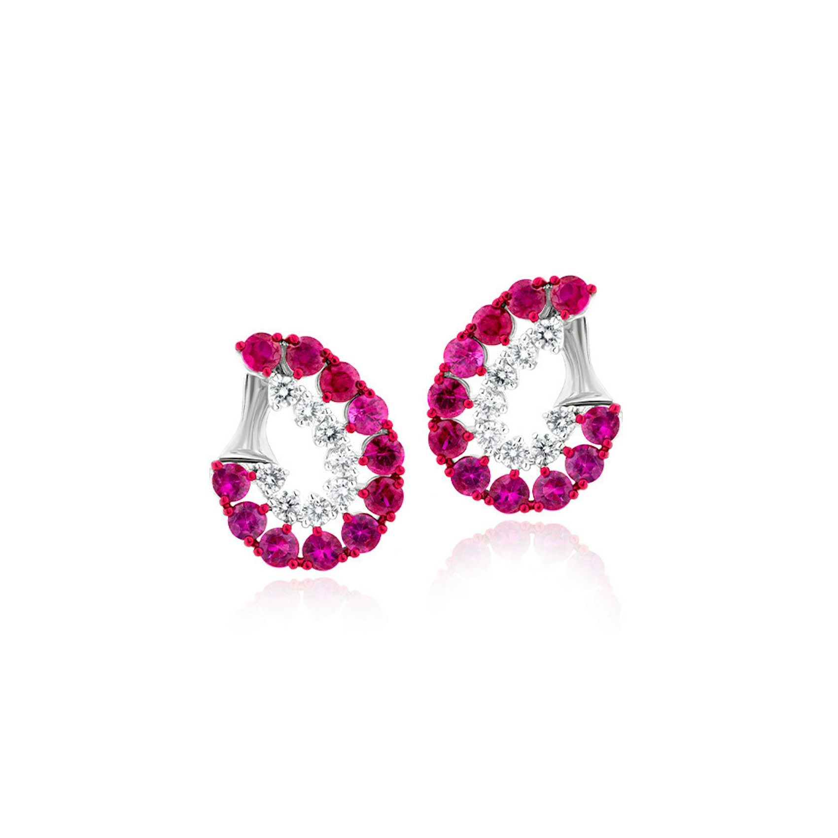 Vertical 18K White Gold/Red Rhodium Ruby and Diamond Front Facing Hoop Earrings