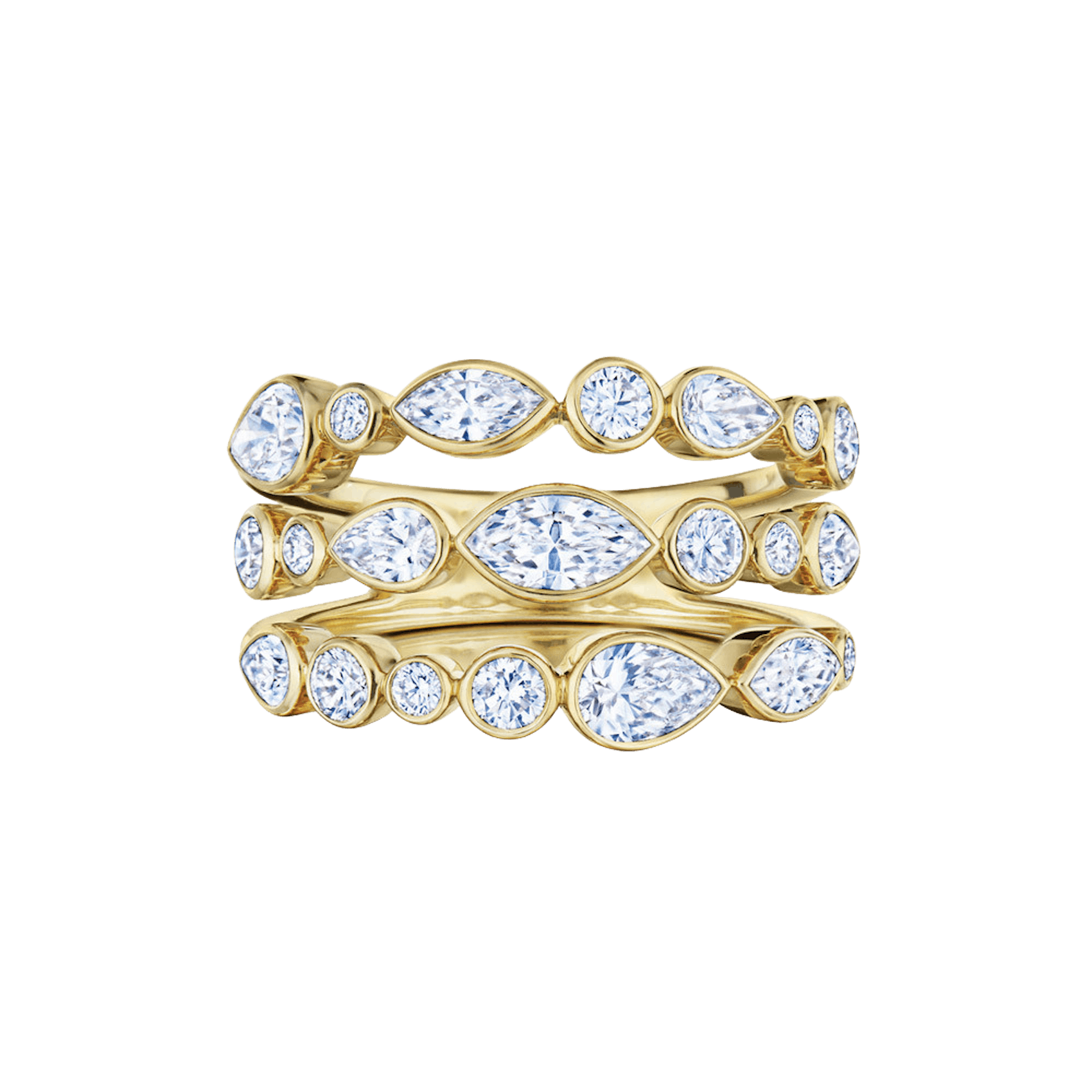 Vertical 18K Yellow Gold Portofino Diamond Three Row Ring