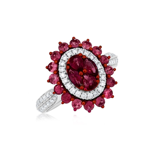 Vertical 18K White Gold/Red Rhodium Ruby and Diamond Mosaic Oval Look Ring