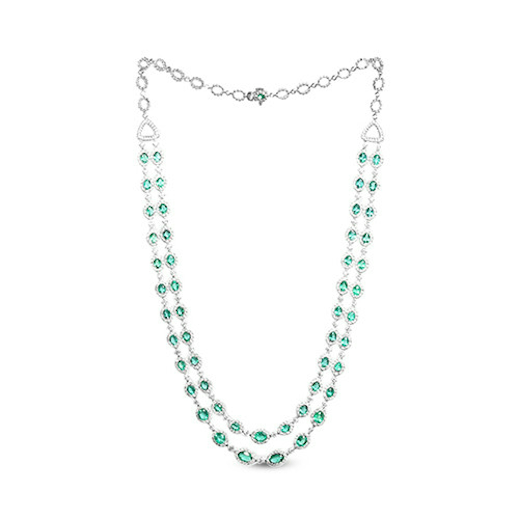 Vertical 18K White Gold Graduated Diamond And Emerald Necklace