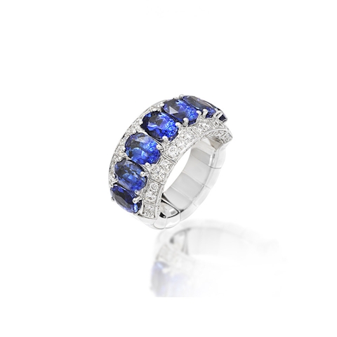 Vertical 18K White Gold Xpandable Blue Sapphire and Diamond Ring