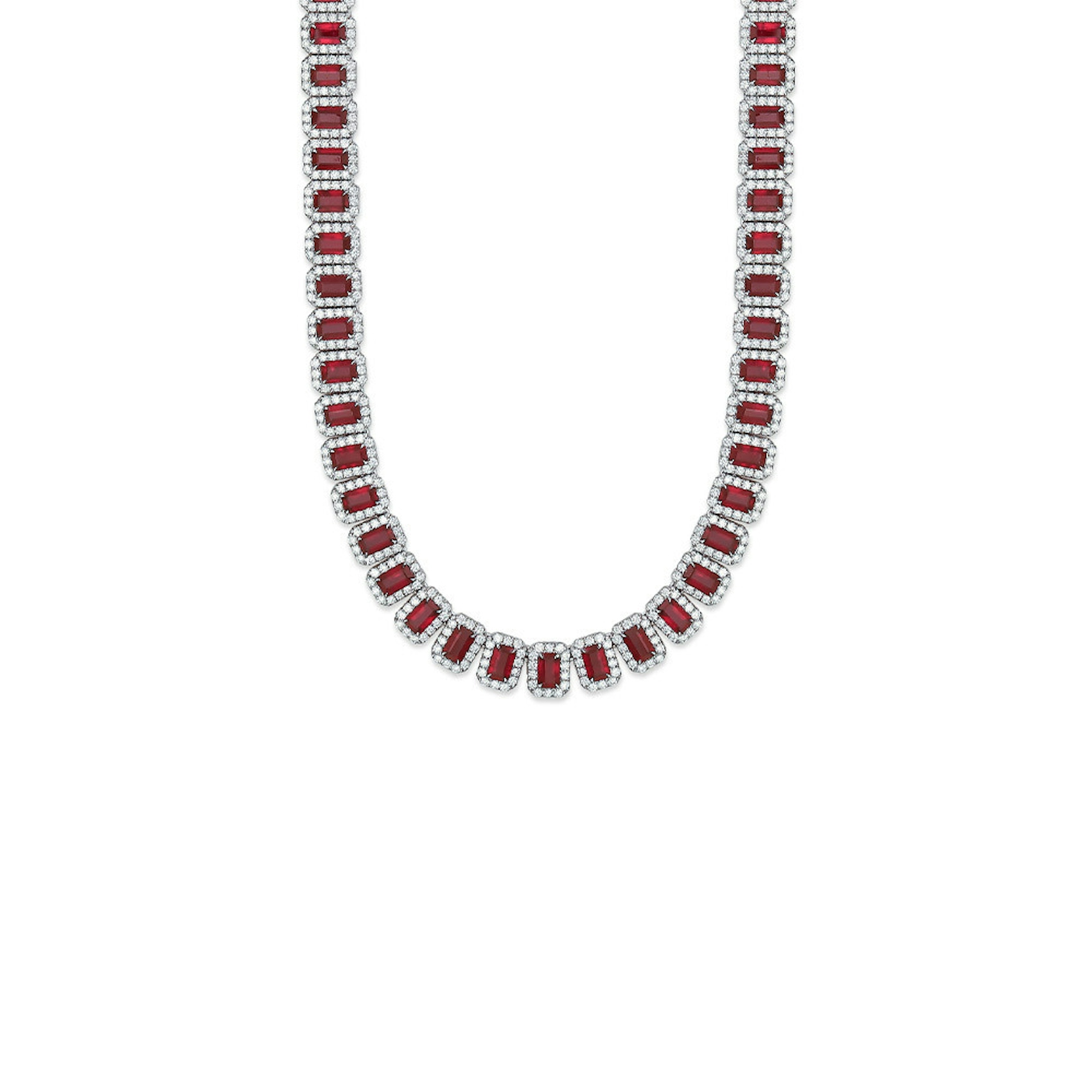 Vertical 18K White Gold Emerald Ruby and Diamond Halo Necklace