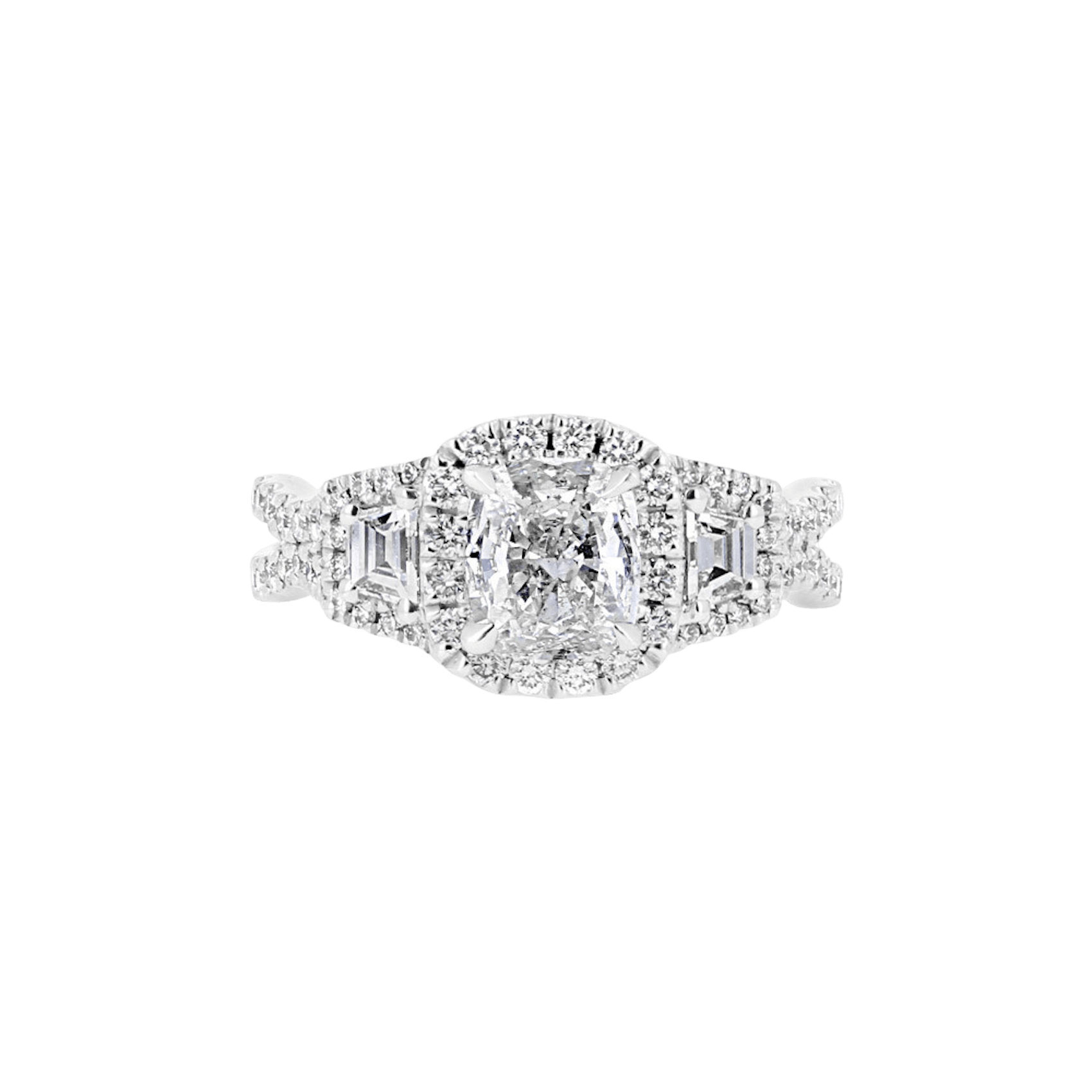Vertical 18K White Gold Three Stone Cushion Diamond Ring